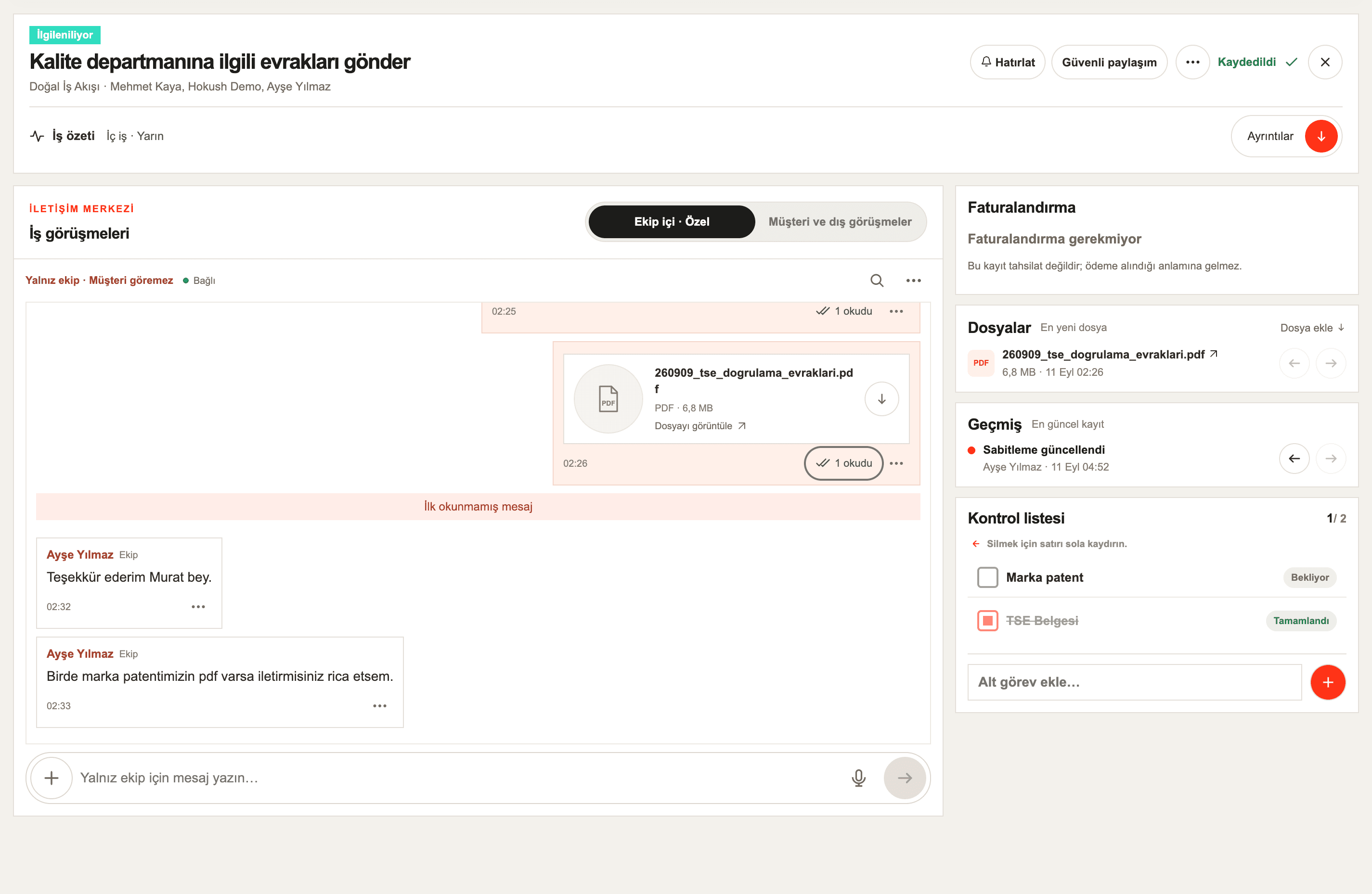 Team conversations, files and a checklist within a Hokush work card